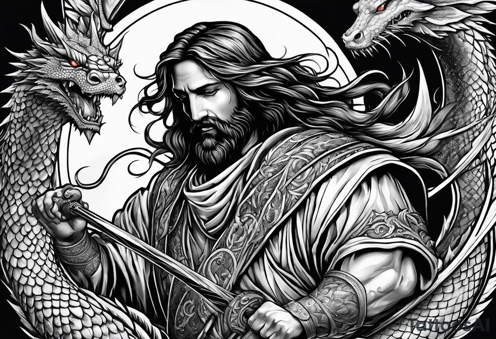 Jesus stabbing a dragon with javelin tattoo idea