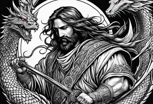 Jesus stabbing a dragon with javelin tattoo idea