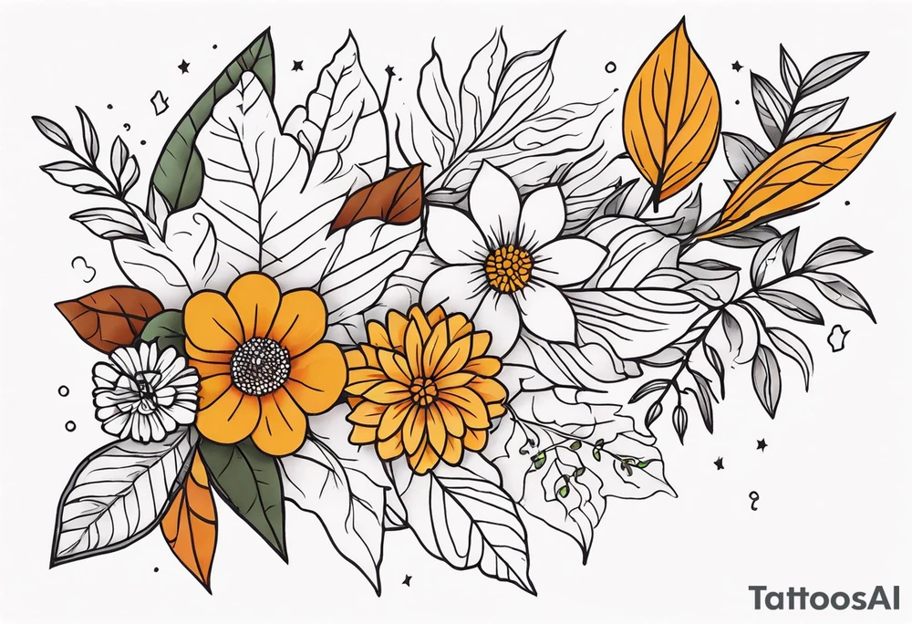 Full arm sleeve with fall colors, flowers, leaves and shapes tattoo idea