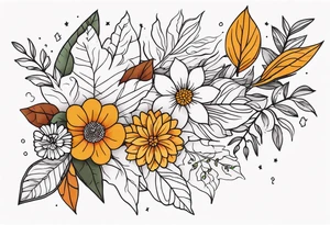 Full arm sleeve with fall colors, flowers, leaves and shapes tattoo idea