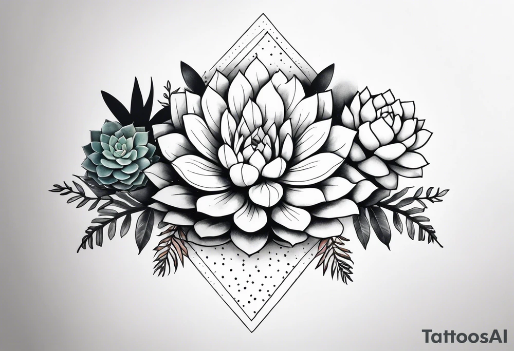 fine line. one big succulent in the middle. Two smaller succulents on the side. Dots and floral
. Sternum tattoo grey scale shading tattoo idea
