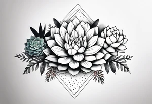 fine line. one big succulent in the middle. Two smaller succulents on the side. Dots and floral
. Sternum tattoo grey scale shading tattoo idea