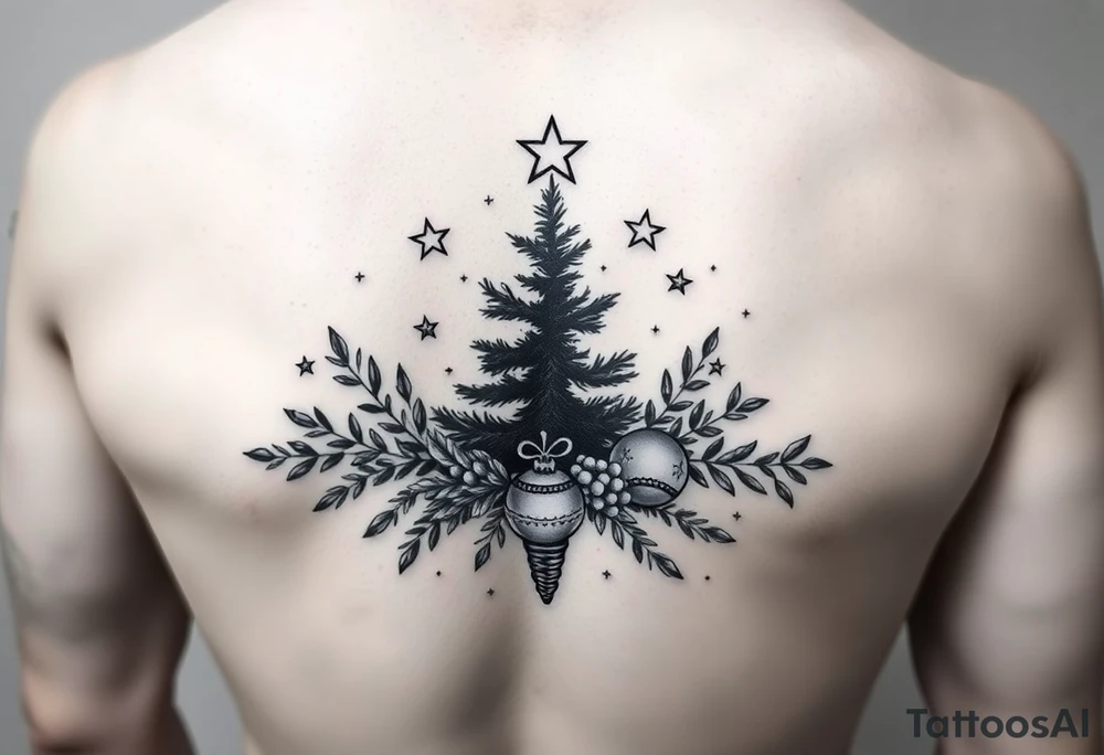silhouettes of christmas and winter elements surrounded by olive tree and mistletoe ornaments and stars tattoo idea