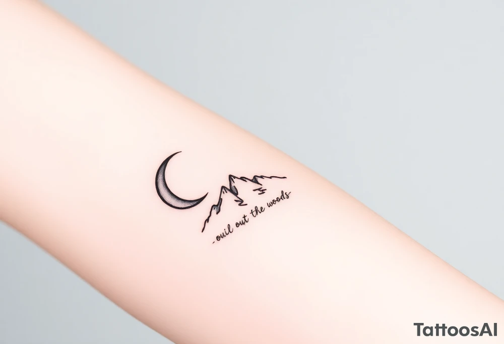 The crescent moon and mountains remain the core of the tattoo, keeping the vertical, elegant structure.
lyrics from Exile or Out of the Woods would be subtly written in fine-line script, following the natural flow of the design.
The text could curve slightly along the mountain range or appear as if dissolving into mist, reinforcing the themes of distance and fading memories. tattoo idea