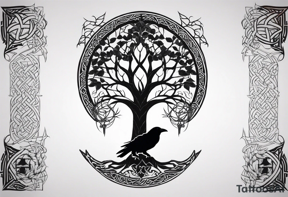 world tree with a raven and knotwork sleeve tattoo tattoo idea
