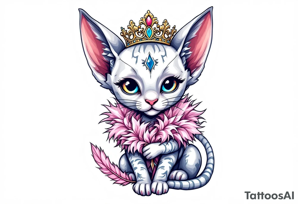 Chibi new school Glamorous sphinx cat holding 
pink feather boa and wearing a crown tattoo idea