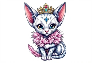 Chibi new school Glamorous sphinx cat holding 
pink feather boa and wearing a crown tattoo idea