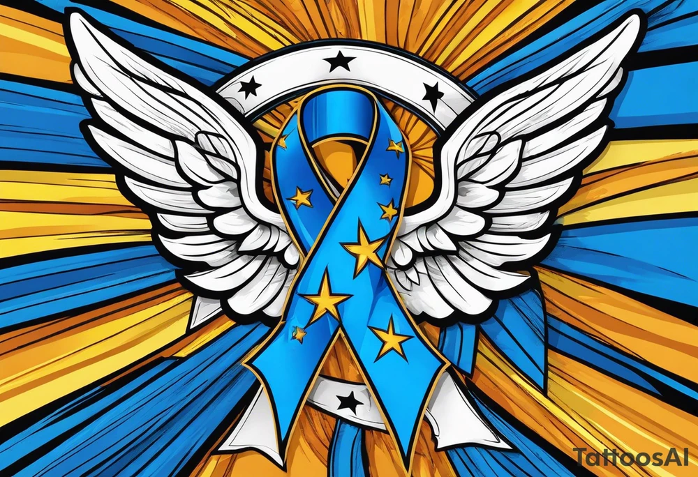 Blue colon cancer ribbon with angel winds and flag blend in tattoo idea