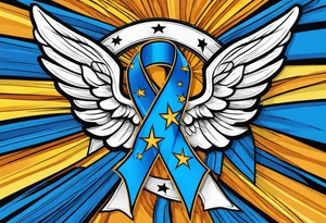 Blue colon cancer ribbon with angel winds and flag blend in tattoo idea