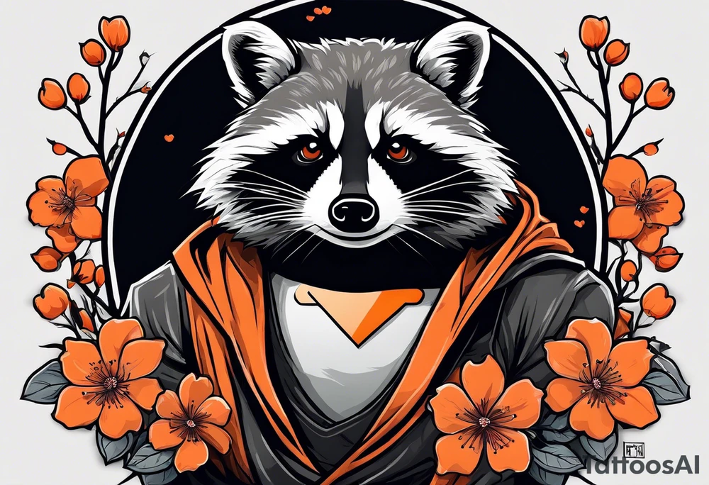 Raccoon wearing a white Superman logo on a black hoodie and orange Japanese cherry blossoms tattoo idea