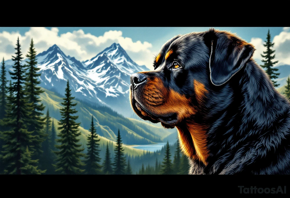 Majestic Rottweiler with Mountain Scenery – A proud Rottweiler gazing over mountain peaks and pine trees. Earth-toned fur, background in natural blues and greens. tattoo idea
