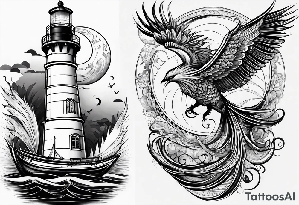 phoenix survolant un voilier. lune. phare marin tattoo idea
