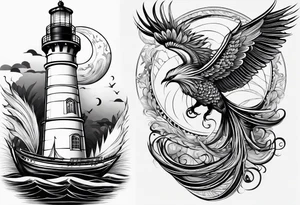 phoenix survolant un voilier. lune. phare marin tattoo idea