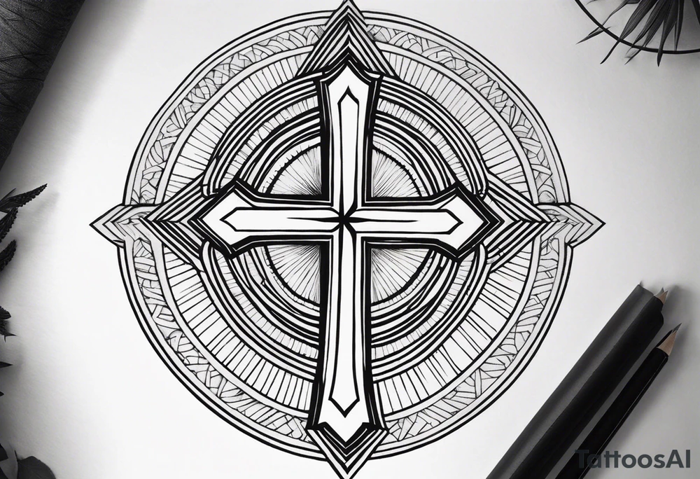 Tattoo: A refined cross with a soft halo on top of it, symbolizing light and spirituality. Delicate rays extend outward from the halo, adding a subtle glow and depth. The cross itself is simple and elegant, with potential for small, intricate line details within the design. tattoo idea