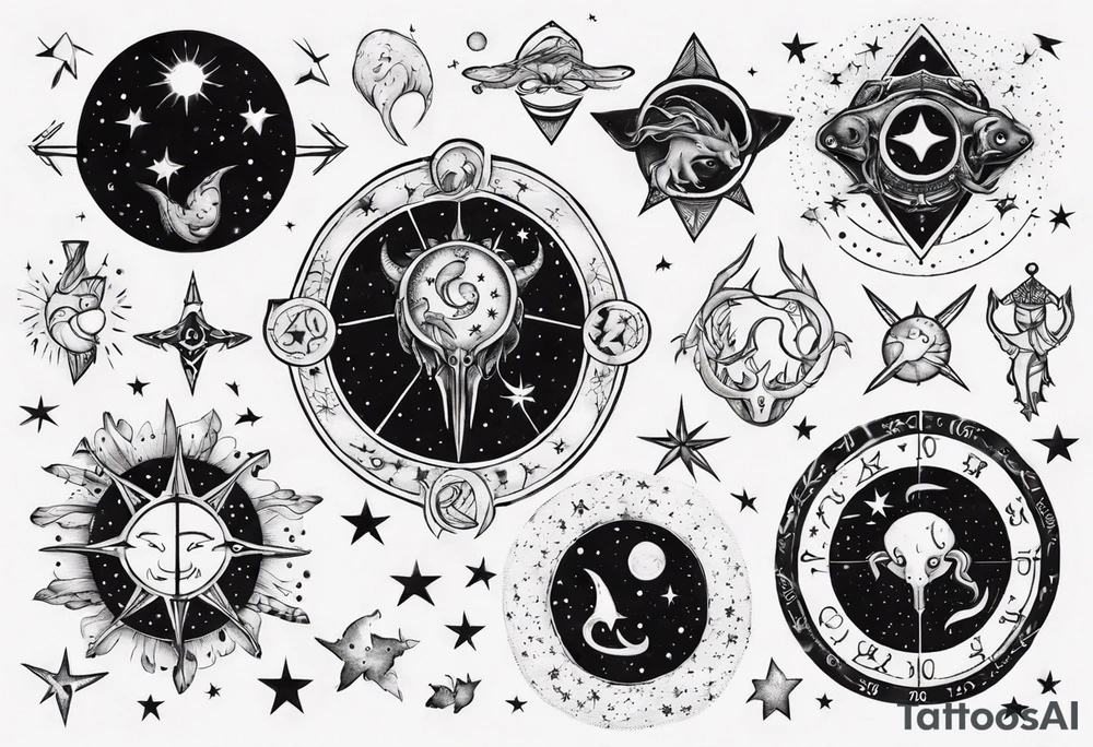 nigh sky, showing zodiac sign for Pisces and Taurus tattoo idea