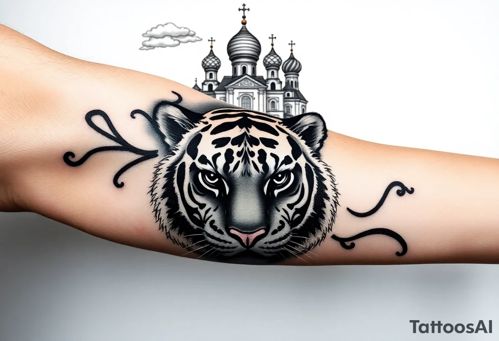 Realistic tiger face on the back of the hand with its eyes ALL black and no pupils, sitting beneath a Russian Orthodox cathedral sitting above on the top fore arm with onion domes and orthodox crosses. with clouds above and a virgin mary tattoo idea