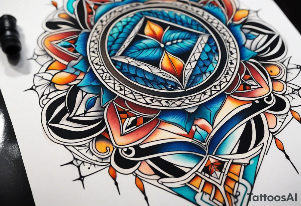 semi Detailed neo traditional knee tattoo flat on paper. The tattoo features geometric patterns and bold lines, creating a visually striking design with slight tints of deep fall colors. The a background 
outside the tattoo features deep blues washes and water swirls tattoo idea