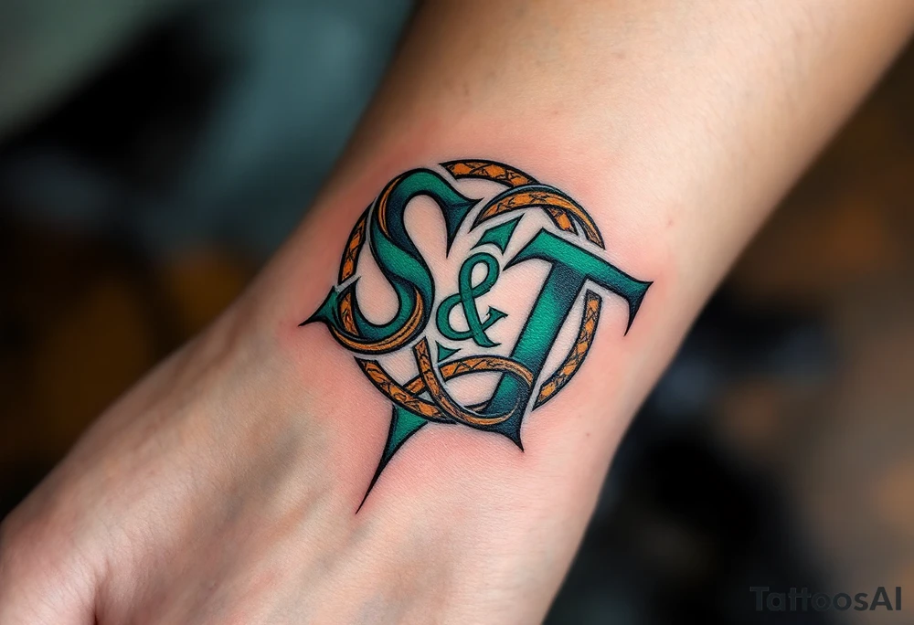 Celtic Knot Monogram – Forest green and dark brown “S & T” intertwined with a Celtic knot forming the base of the letters. tattoo idea