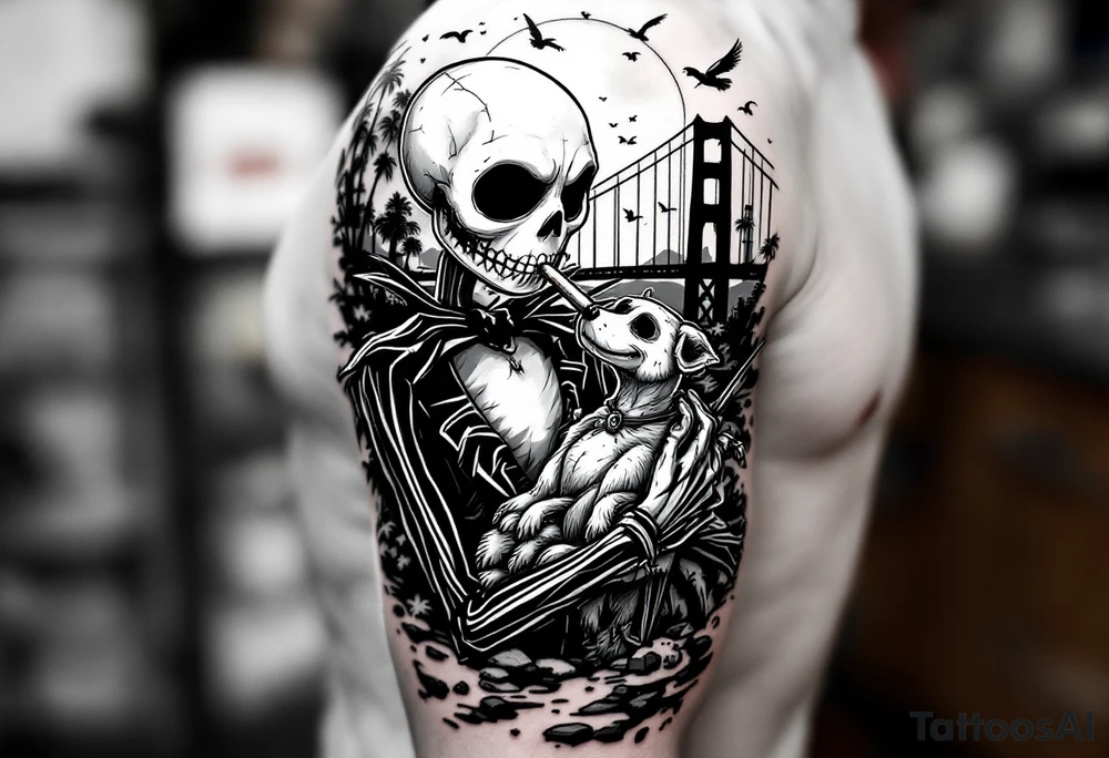 jack skellington with dog,smoking a blunt and fishing,surrounded by city buildings,golden gate bridge, birds, palm trees, tattoo idea