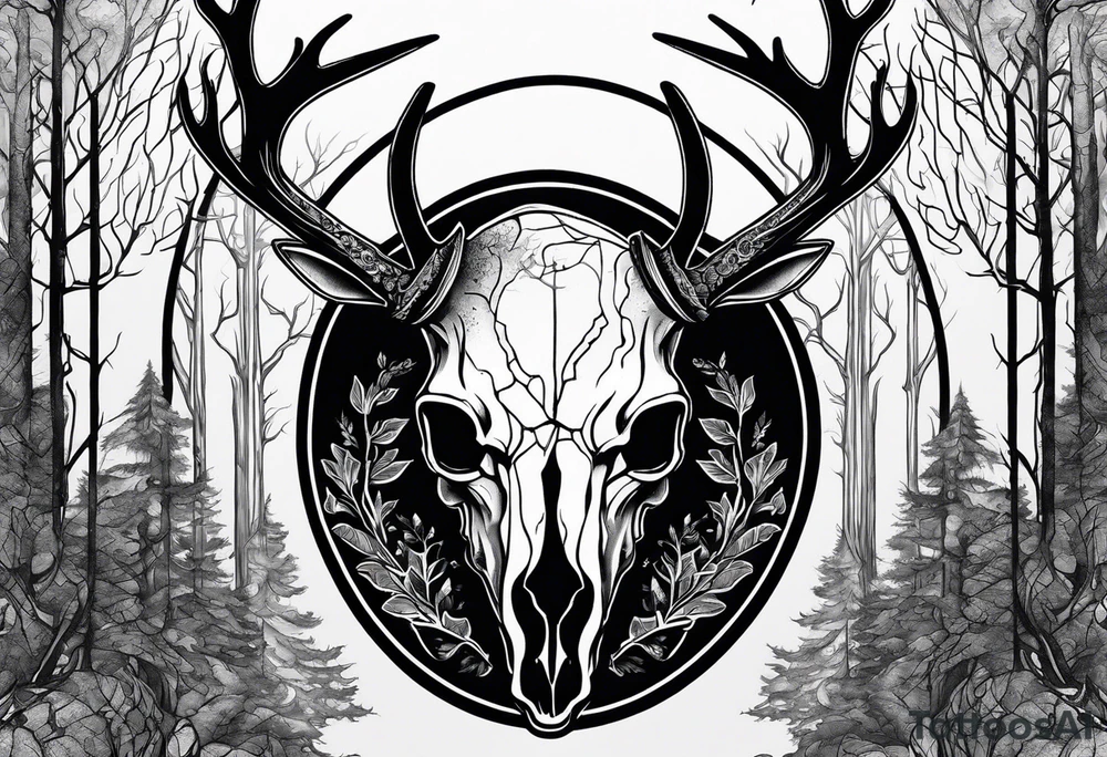 A SCARY side view of a decayed deer skull NO SKIN JUST BONE surrounded by a forest fire in background tattoo idea