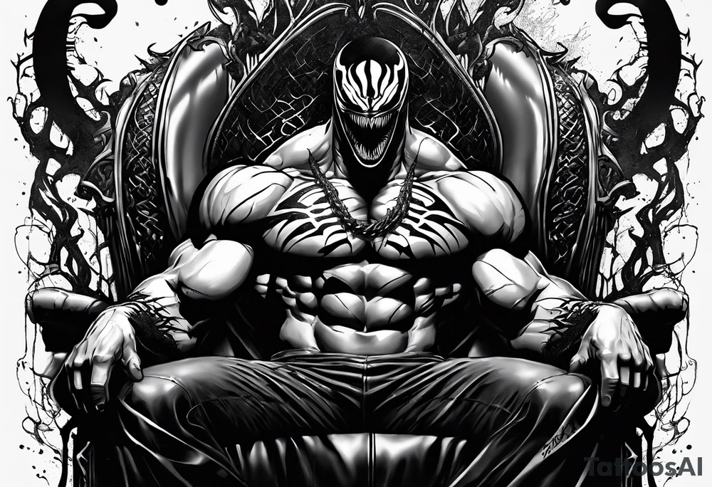 Venom on the throne with paint drip with Kobe’s black mamba symbol on the chest tattoo idea