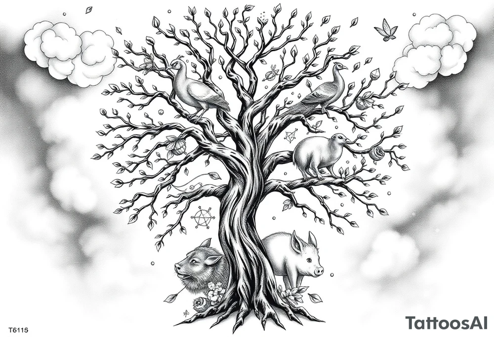 mystical tree  with cosmic  branches fat naked sexy woman , peacock , pig , cupcakes, sins,  Storm clouds, pig, peacock , fat sexy naked fat woman, cupcake, ice cream, hot dogs, shake, noose , money, goat lion, man sex toys pussy dicks, cigerette storm lightening, killing, darkness death, violent majestic creatures and penis and vagina tattoo idea