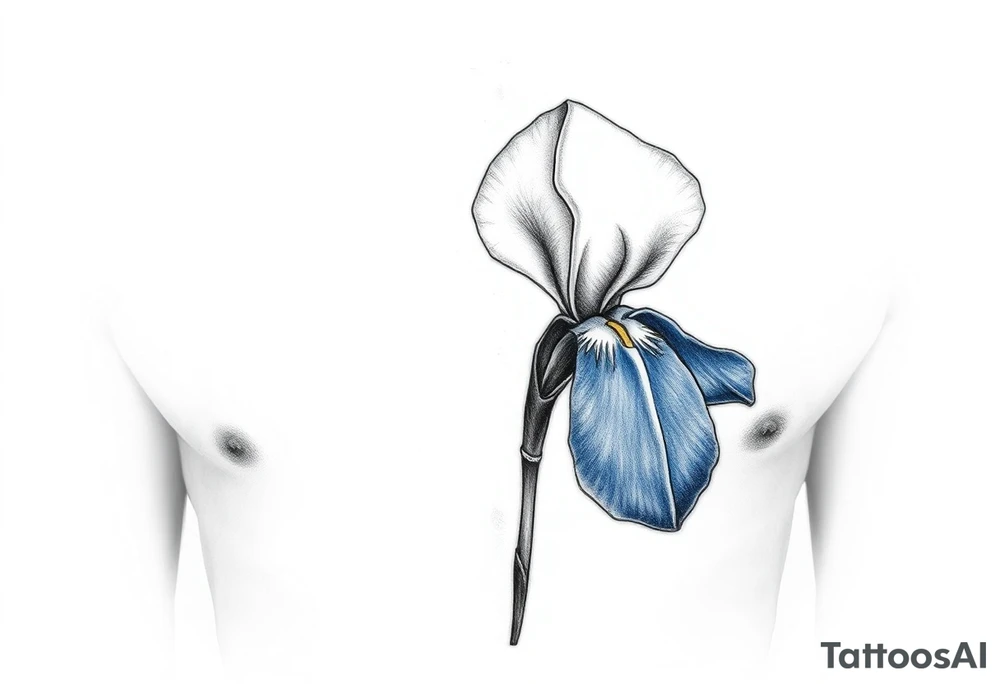 Single blue iris flower in the style of Van Gogh. One petal falling and one upright. Tattoo is to be on abdomen. tattoo idea