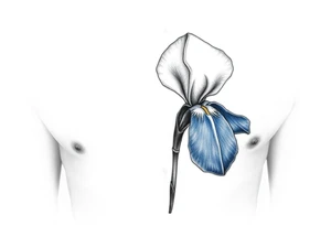 Single blue iris flower in the style of Van Gogh. One petal falling and one upright. Tattoo is to be on abdomen. tattoo idea