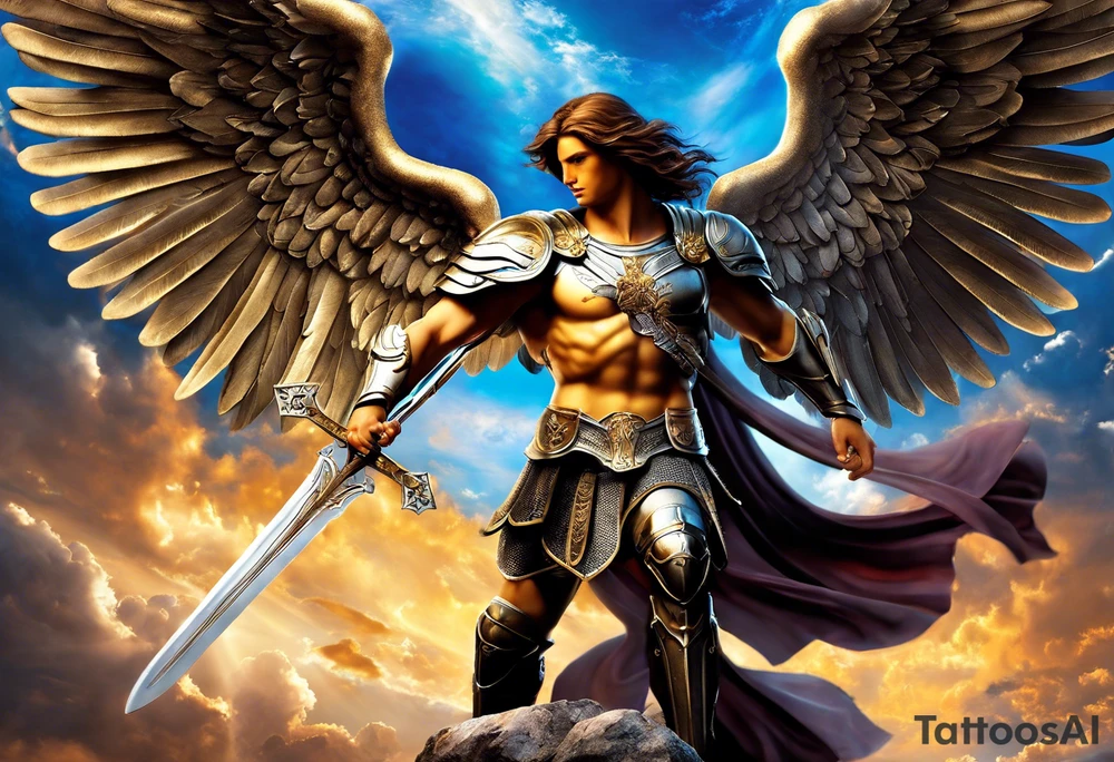 **Tattoo Design: Archangel Michael**

- **Central Theme**: Archangel Michael, majestic and powerful, stands ready with a raised sword, prepared to battle evil.
- **Appearance**: The figure of Archangel Michael depicted in full angelic armor, with majestic wings spread wide.
- **Expression**: His stance conveys strength, courage, and determination in defense of good.
- **Details**: Focus on intricate details such as facial features, armor embellishments, and the raised sword.
- **Background**: May be stylized as celestial, with rays of light or clouds, accentuating the divine presence of Archangel Michael.
- **Placement**: Intended for placement on the chosen body area, with the option to adjust the size according to personal preferences. tattoo idea