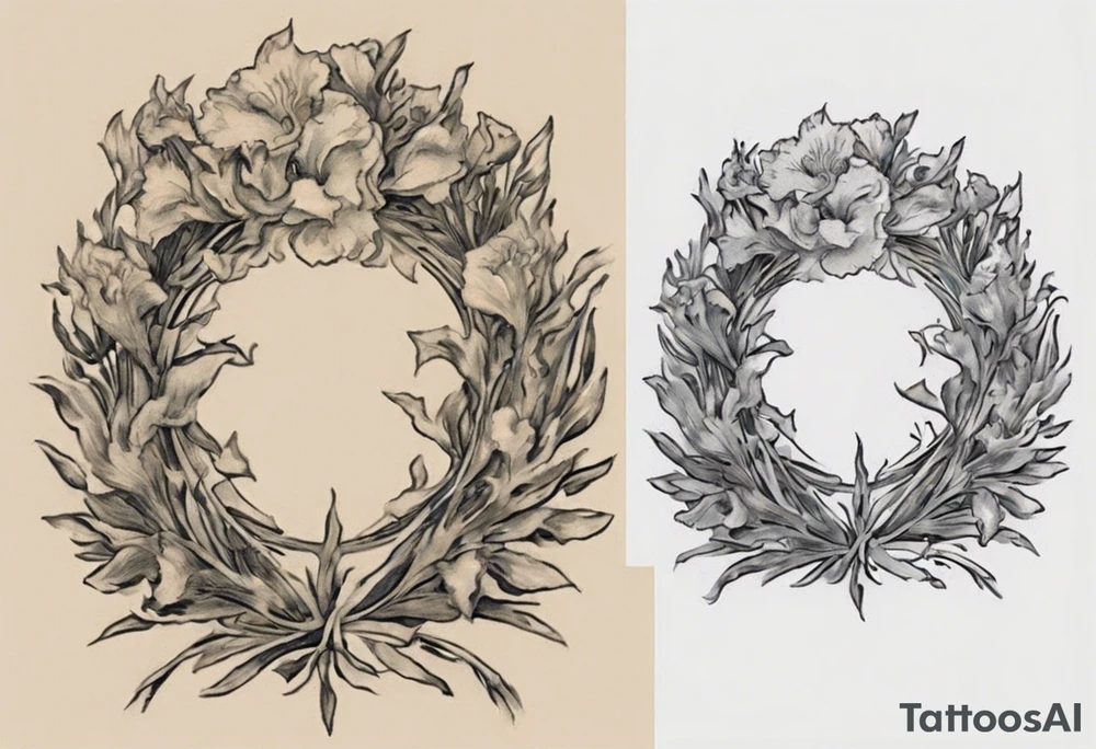 Create a small Vincent van Gogh Irises tattoo with Athena's shield and spear . The tattoo should take the form of a crescent, with vines gracefully intertwining at a central point in the middle of the wreath. Ensure that the design avoids the appearance of a bush and maintains a more structured and deliberate arrangement. The intended placement is on the upper chest. The overall design should be small in size while maintaining a delicate and artistic aesthetic. Pay attention to the graceful flow of the vines and the placement of the irises to achieve a refined and elegant look. tattoo idea