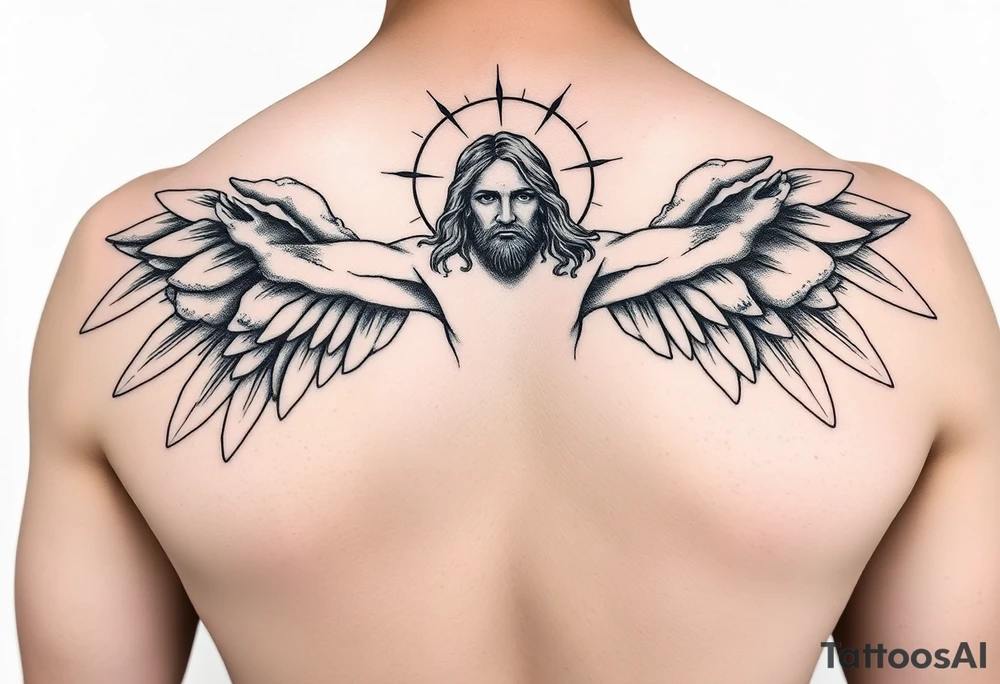magestic christ with clouds wings black and white tattoo idea