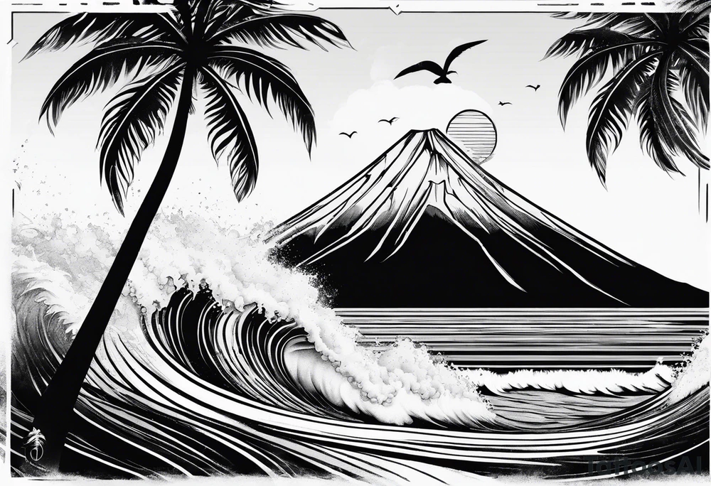fineline tattoo of a palm tree and a wave with a volcano in the background tattoo idea