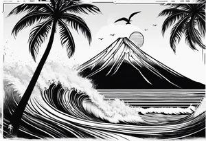 fineline tattoo of a palm tree and a wave with a volcano in the background tattoo idea