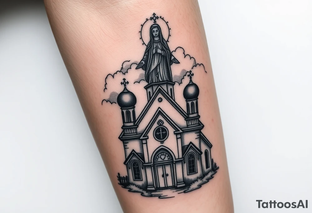 in a dorsal view a detailed orthodox church shrouded with a mist above and fading into a virgin mary overlooking above at the top tattoo idea