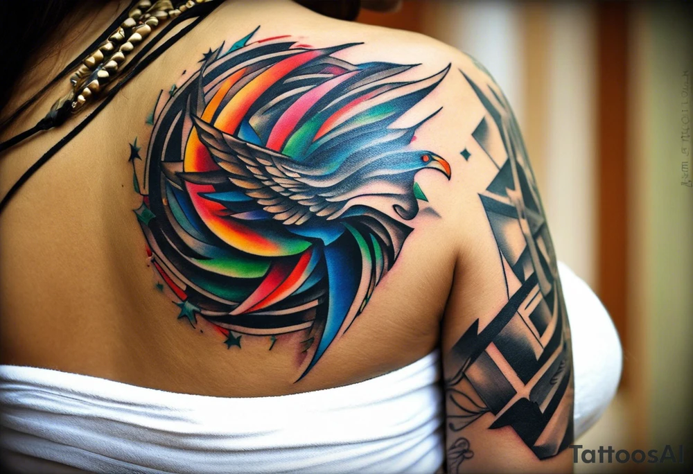 Wide tattoo that appears to be bursting out of the skin, symbolizing freedom. The tattoo should be vibrant and dynamic, with bold lines and colors that evoke a sense of liberation and empowerment. Consider incorporating elements such as broken chains, or other symbols of freedom. The tattoo should be visually striking and thought-provoking, inviting the viewer to reflect on the importance of personal freedom. tattoo idea