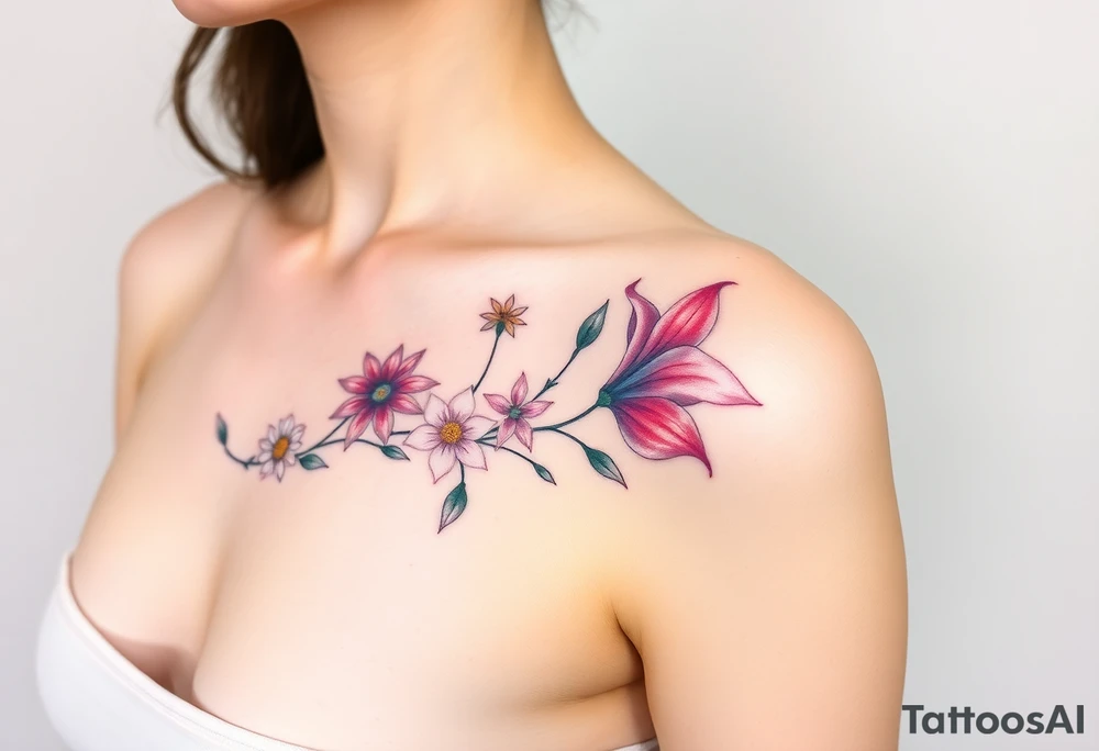 This tattoo is on a woman. It is a line of flowers connected by a single stem. It starts on her left side of the chest with a Glaiolus and Daisy together, then the tatoo rises over the left shoulder and down the arm and ends at the elbow. The tattoo will include a primrose, Calla Lily, and a Lilly. It will be light on color except in the petals and has light shading to make it pop. tattoo idea