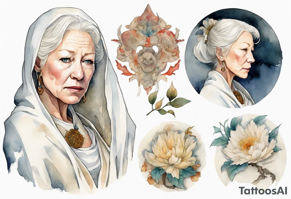 medieval Helen Mirren dressed in white cloak, sad tattoo idea
