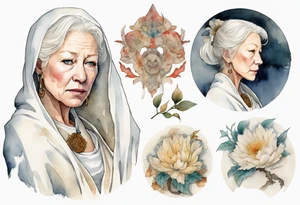 medieval Helen Mirren dressed in white cloak, sad tattoo idea