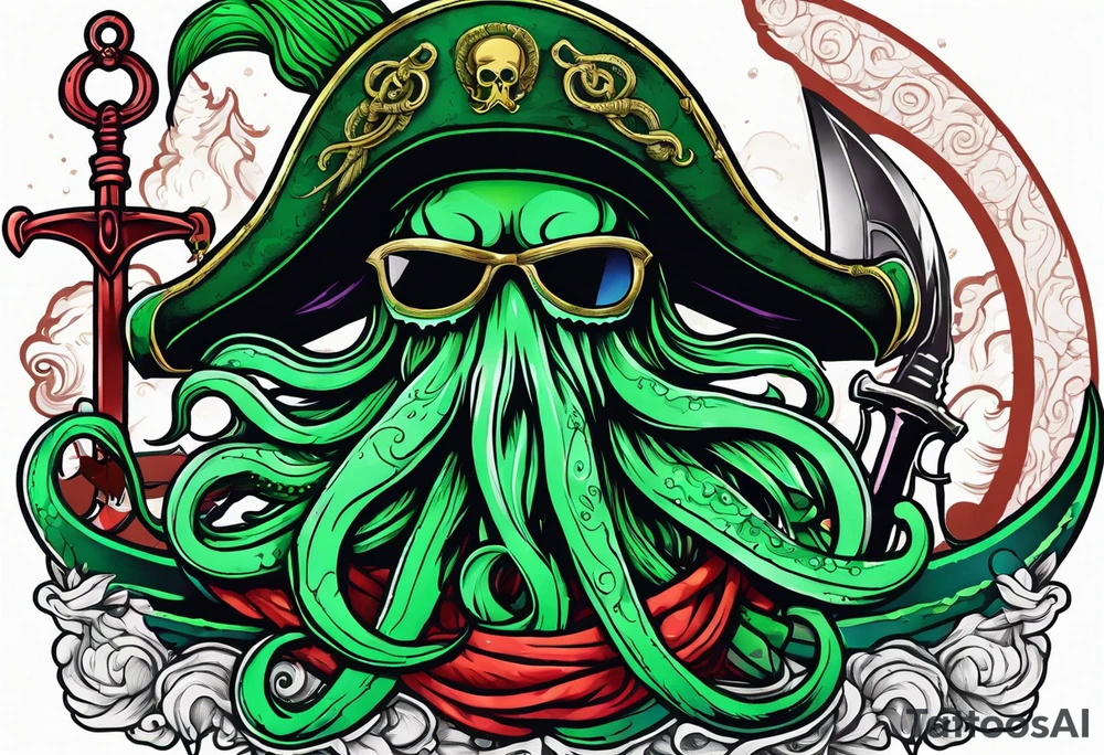 green pirate squid with tentacles holding bloody sword and anchor, black hat, beard tattoo idea