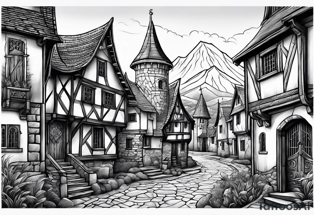 medieval tribal city vignette tattoo idea