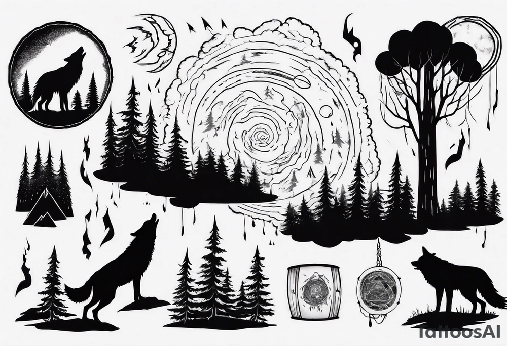 a thunder and lightning storm over a forest with a distant wolf howling and a drum circle tattoo idea a thunder and lightning storm over a forest with a distant wolf howling and a drum circle tattoo idea