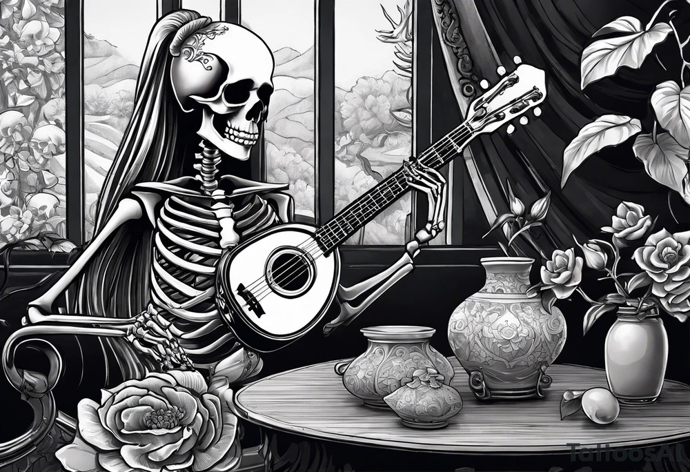 female skeleton listening to a male skeleton play guitar. The female skeleton has a ahibiscus flower behind here ear and is sitting on a korean kimchi pot. tattoo idea
