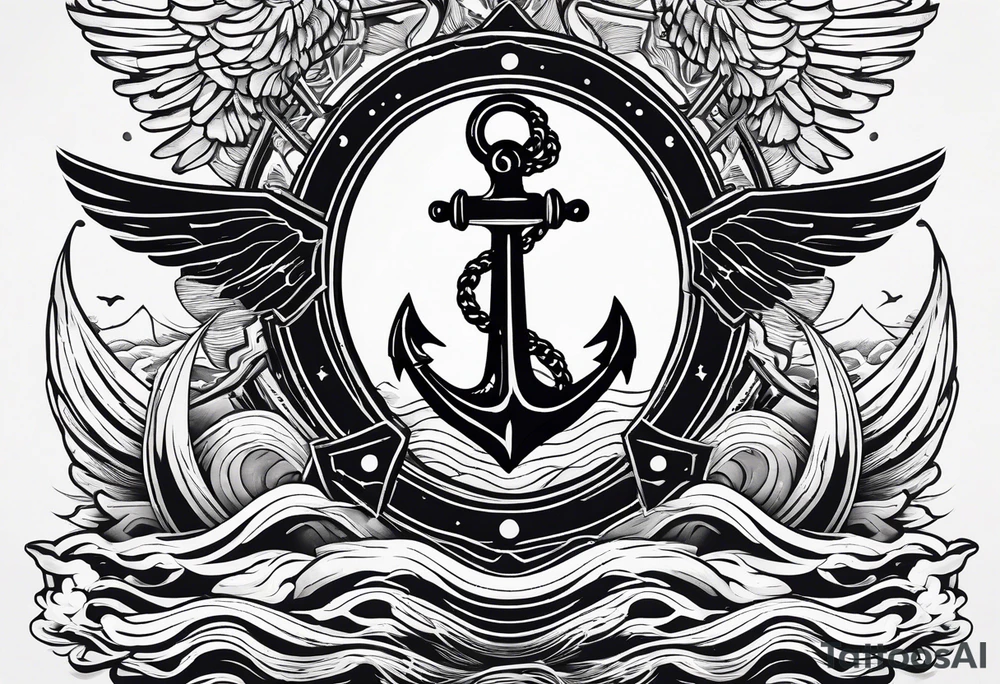 a ship anchor with an S through the anchor and angle wings on the left and right side. ocean waves in the background tattoo idea