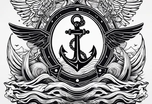 a ship anchor with an S through the anchor and angle wings on the left and right side. ocean waves in the background tattoo idea