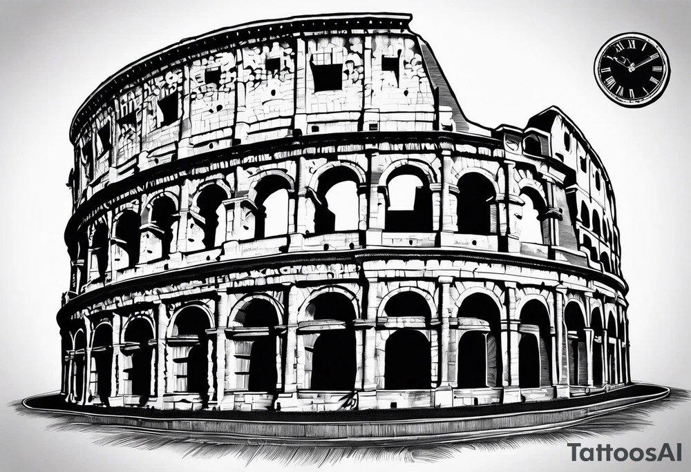 Roman colosseum with clock above Roman numerals tattoo idea