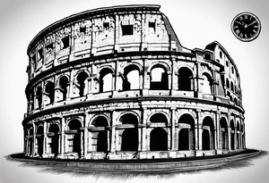 Roman colosseum with clock above Roman numerals tattoo idea
