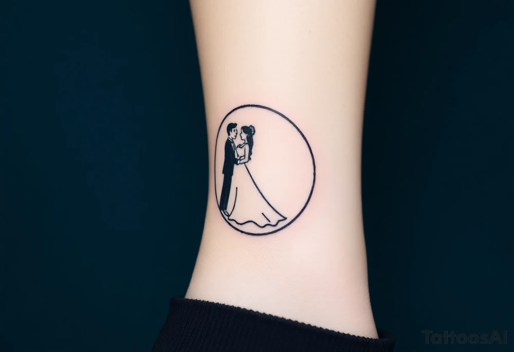 A crescent moon with a bride and groom sitting together on it tattoo idea