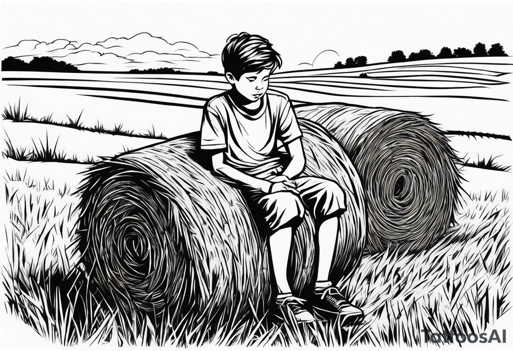 A boy sitting on top of a twisted bale of hay in a field where you can see the same bales of hay in the distance, and a tattoo idea