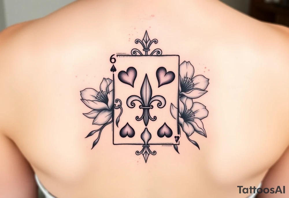 6 of hearts card with fleur de lis as the hearts and magnolias in the background tattoo idea