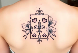6 of hearts card with fleur de lis as the hearts and magnolias in the background tattoo idea